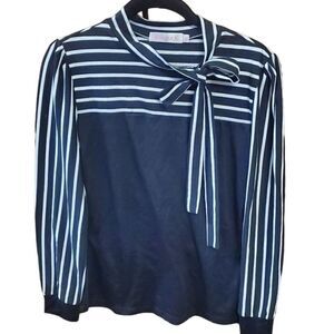 Allegra K Elegant Navy Striped Blouse‎ with Tie Neck Detail Long Sleeve Top XS